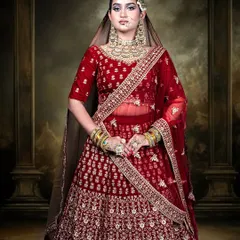 A regal portrait in a classic red bridal lehenga, inspired by the timeless beauty of Heeramandi. This outfit is designed to make you feel like a queen, with its rich color and exquisite detailing perfect for your wedding album.