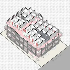 This axonometric drawing of 'Coilspace' shows how circulation space becomes social space. A continuous ramp allows inhabitants to cycle up to their rooms, transforming the corridor into an active, shared zone.