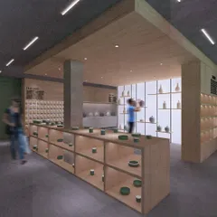 A concept for a pottery retail store or museum. The layout is organized around a central island with integrated lighting, creating a focal point and a natural path for visitors to follow.