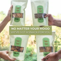 No matter your mood, I've got a snack for you. This image shows four of my wholesome snack pouches, including baked and low-calorie options, perfect for guilt-free cravings.