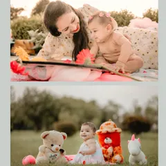 This collage shows the variety possible in a single outdoor session. The top photo captures a sweet, candid moment between a mother and her baby, while the bottom photo is a playful portrait of the baby sitting with her favorite stuffed animals.
