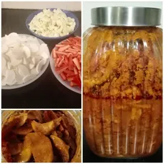 This collage shows the journey of our mixed vegetable pickle, from fresh chopped veggies to the final product packed in a large jar.