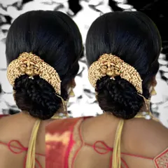 A creative and easy bun hairdo. This style is elevated with a stunning piece of traditional gold hair jewelry, making it perfect for a wedding or festive occasion.