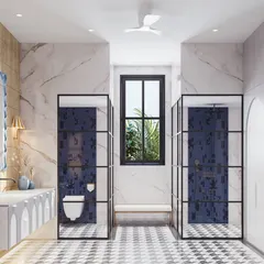 This symmetrical view shows how the space is organized, with twin shower and toilet cubicles framed in black metal and glass. The pop of blue from the mosaic tiles adds a vibrant touch.