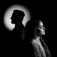 A black and white version of the spotlight portrait, adding a timeless and classic feel to the modern, creative concept.