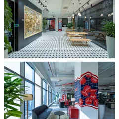 This hot-desking area features a stunning kinetic art installation made from 18 cartons of repurposed beer cans. The piece is fitted with sensors that trigger a chain reaction of movement, creating a show-stopping, interactive experience that highlights sustainability.