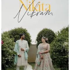 An elegant, styled portrait of the couple with their names, perfect for a wedding invitation or album cover.