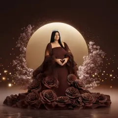 I created this majestic portrait by combining a beautiful studio shot with creative edits. The expecting mother sits like a queen, surrounded by chocolate-toned roses and a glowing moon.