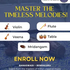 We honor the rich heritage of Indian classical music by offering expert training in a variety of traditional instruments. This image highlights our programs for violin, flute, veena, tabla, and mridangam, taught by masters of the craft.