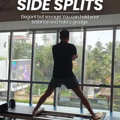 "Side Splits" on the reformer are elegant but savage. This move challenges your balance, inner thigh strength, and control.