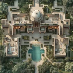 This blueprint for a grand estate shows my passion for symmetrical, classical architecture. I designed it with a central domed structure, expansive wings, and a formal pool, creating a sense of balance, history, and pure opulence.