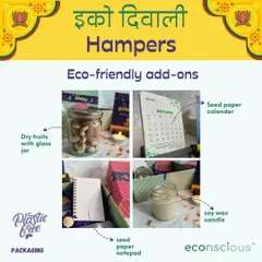 Complete your eco-friendly gift hamper with our curated add-ons. We offer seed paper notepads and calendars, soy wax candles, and dry fruits in glass jars, all presented in plastic-free packaging.