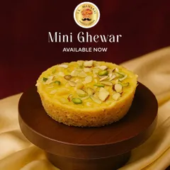 My Mini Ghewar, loaded with almonds and pistachios. These single-serving delights offer the same maximum taste in a smaller package, perfect for individual gifting.
