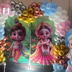 A beautiful Radha Krishna themed backdrop, perfect for religious functions, naming ceremonies, or Janmashtami celebrations.