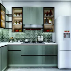 A closer look at the cooking zone, featuring a modern chimney hood and glass-fronted upper cabinets with internal lighting. This design keeps essentials visible and accessible while maintaining a clean, organized look.