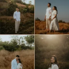 A collage of four images from a golden hour pre-wedding shoot, showing the couple in a sun-drenched field. The frames include wide shots, portraits, and candid moments in beautiful natural light.