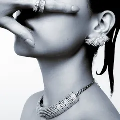 A close-up from a high-end jewelry campaign. My focus here was on creating an intimate and luxurious mood, using composition and shadow to draw the eye directly to the intricate details of the necklace, earrings, and rings. This demonstrates my expertise in styling for fine jewelry.