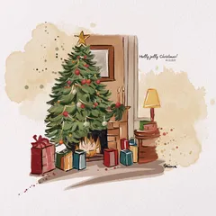 A cozy Christmas scene by the fireplace. This illustration captures the warm and magical feeling of the holidays. I can create custom festive art for cards, gifts, or your home.