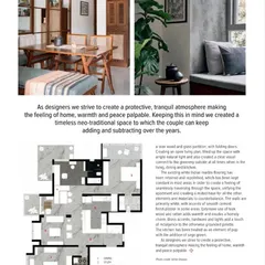 The feature includes the floor plan and our design statement, explaining how we created a timeless, neo-traditional space using a palette of teak wood, glass partitions, and smooth cement finishes.