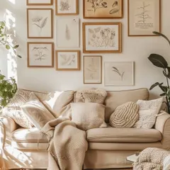Create a warm, lived-in feel with a Boho Chic gallery wall. This style embraces mismatched wooden frames, botanical prints, and personal photos to weave together a wall that tells your unique story.