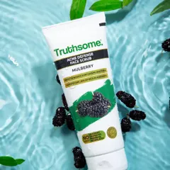 A creative shot for a mulberry face scrub, using real water to convey a sense of freshness. This type of dynamic product photography is designed to stop the scroll on social media feeds.