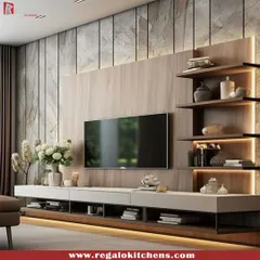 This TV unit blends natural textures beautifully, with a wood-paneled wall and a stone-like backdrop. The floating white console and illuminated shelves provide storage and display space.
