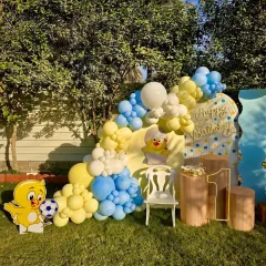 An adorable duckling-themed first birthday party. This outdoor setup includes a cheerful yellow and blue balloon arch, character cutouts, and a custom 'Happy Birthday' backdrop.