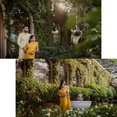 A diptych showcasing the beautiful decor and a tender moment at a Haldi ceremony. The images highlight the lush green venue and the couple's happy embrace.