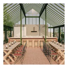 A rendering of the conservatory's interior, visualizing the layout with long dining tables and a central kitchen bar. This concept image was crucial for defining the atmosphere and functionality of the space before construction began.