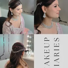 A collage showcasing a client's elegant party look from multiple angles. It highlights the soft glam makeup, the intricate braided half-up hairstyle, and the delicate hair accessories.