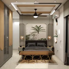 A front view of the tropical-themed bedroom, highlighting the symmetry of the design with matching bedside tables and pendant lights, creating a harmonious and balanced look.