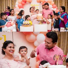 A collage showing the big family cake-cutting moment and a sweet father-daughter interaction. Our birthday photography covers both the group festivities and the personal connections.