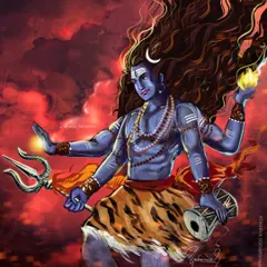 A powerful depiction of Lord Shiva in his cosmic dance form. With four arms holding the Trishul and Damru, he represents the forces of creation and destruction against a dramatic red sky.
