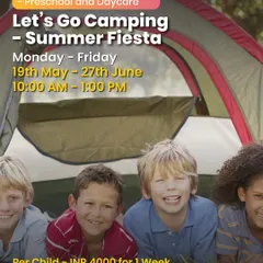 A poster for the "Let's Go Camping" Summer Fiesta at Headstart, a multi-week camp for kids aged 2-10.