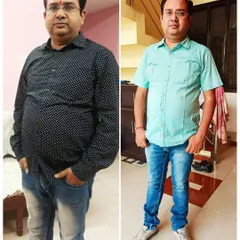 This is Pankaj Sharma, who successfully managed his cholesterol, sugar, and liver issues through my diet program. This before and after photo shows the significant weight loss that accompanied his internal health improvements.