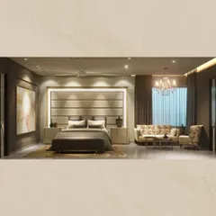 This master suite is designed for ultimate luxury and comfort, featuring a large, upholstered headboard with integrated lighting. The space also includes a separate seating area with a plush sofa and chandelier, making it a true retreat.