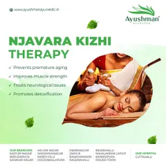 Discover Njavara Kizhi therapy, a rejuvenating treatment where the body is massaged with poultices filled with medicated rice. This graphic outlines its benefits, including preventing premature aging, improving muscle strength, and promoting detoxification.