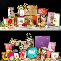 A showcase of our diverse Diwali hamper range. The top image features a jute bag with dry fruits and sweets, while the bottom image displays a larger collection with a decorative tray, popcorn, coffee, and more, showing the breadth of our customizable options.