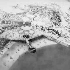 A conceptual sketch for the Fort Aguada resort, illustrating how the built form emerges from the coastal landscape. The design follows the contours of the land, creating a harmonious relationship between architecture and nature.
