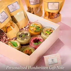 A personal touch goes a long way. We can include a beautifully designed, handwritten gift note with your hamper to convey your message in a way that feels warm and personal.