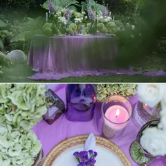 A stunning, romantic tablescape for a brunch, featuring a purple theme with lush green and white florals, and elegant candle lighting.