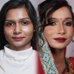 This before and after showcases a traditional Bihari bridal look. The artistry lies in balancing the bold red lip and intricate details with a soft, elegant base, a technique we perfect in our courses.