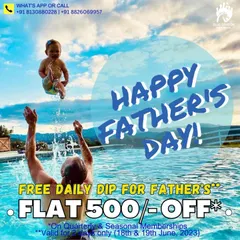 Another Father's Day celebration. A joyful image of a dad tossing his child in the air at the pool, paired with our special offer of a free dip and membership discounts for fathers.