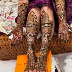Full bridal mehendi for hands and feet, showcasing intricate patterns that flow from the arms down to the toes. This level of coverage is popular for traditional weddings.