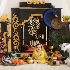 Our little Radha, looking divine in her yellow outfit. The Janmashtami mini-sessions are a wonderful way to celebrate your baby's first festival.