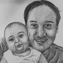 A close-up of the father and baby portrait, focusing on their expressions and the connection between them.