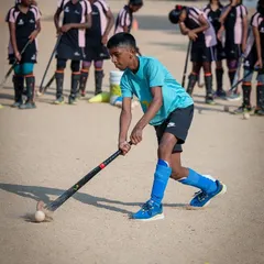 A young player executes a powerful drag flick during a drill at our 2024 summer camp. We focus on teaching advanced techniques once the fundamentals are mastered.