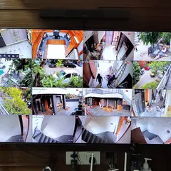 See everything at once. This is a completed 16-camera Hikvision 4MP IP camera installation, providing crystal clear footage for a large property. We set up the monitor so you can view all angles easily.
