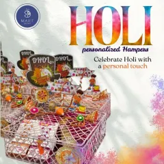 Add a personal touch to your celebrations with my personalized Holi hampers. These wire baskets are filled with colors, sweets, and fun decorations to delight your loved ones.