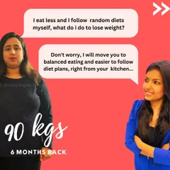 This is the result of dedication. In just 6 months, my client went from 90 kgs to 69 kgs. We moved away from random diets and focused on balanced eating with simple meals from her own kitchen, proving that you don't need to eat less, you just need to eat right.